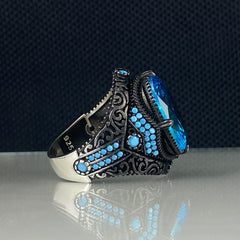 Aquamarine Blue Stone 925 Sterling Silver Men Ring