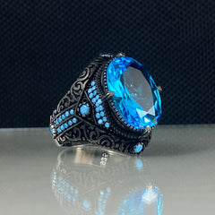 Aquamarine Blue Stone 925 Sterling Silver Men Ring