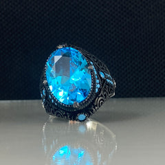 Aquamarine Blue Stone 925 Sterling Silver Men Ring