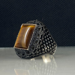 Brown Tiger Eye Gemstone 925 Sterling Silver Handmade Ring