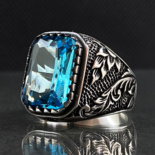 Aquamarine 925 Silver Ring For Mens