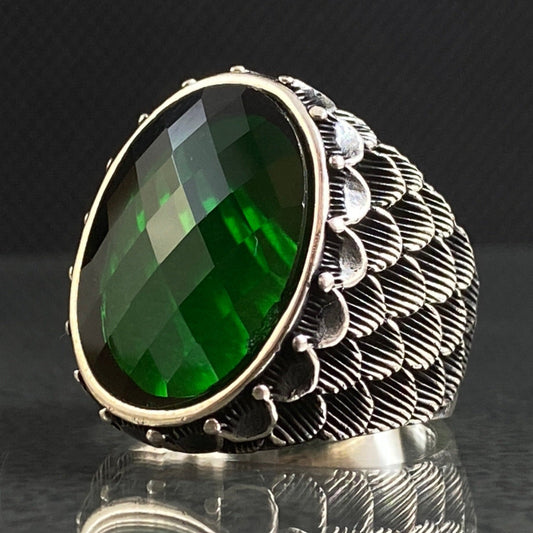 Green Emerald Stone Feather Design 925 Sterling Silver Ring For Men