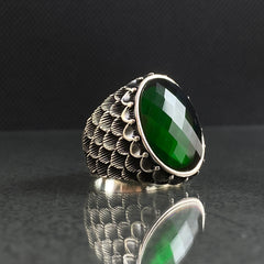 Green Emerald Stone Feather Design 925 Sterling Silver Ring For Men