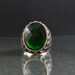 Green Emerald Stone Feather Design 925 Sterling Silver Ring For Men