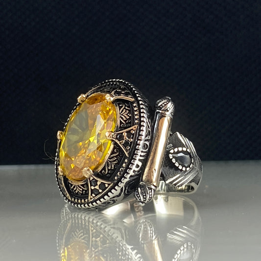 Oval Yellow Citrine Stone 925 Sterling Silver Men Handmade Ring