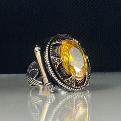 Oval Yellow Citrine Stone 925 Sterling Silver Men Handmade Ring