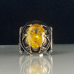 Oval Yellow Citrine Stone 925 Sterling Silver Men Handmade Ring