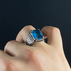 Blue Aquamarine Stone 925 Silver Ring For Mens