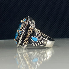 Blue Color Aquamarine Stone 925 Solid Silver Men Handmade Ring