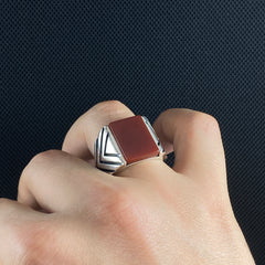 Agate 925 Sterling Silver Red Stone Ring For Men