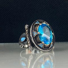 Blue Color Aquamarine Stone 925 Solid Silver Men Handmade Ring