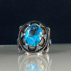 Blue Color Aquamarine Stone 925 Solid Silver Men Handmade Ring