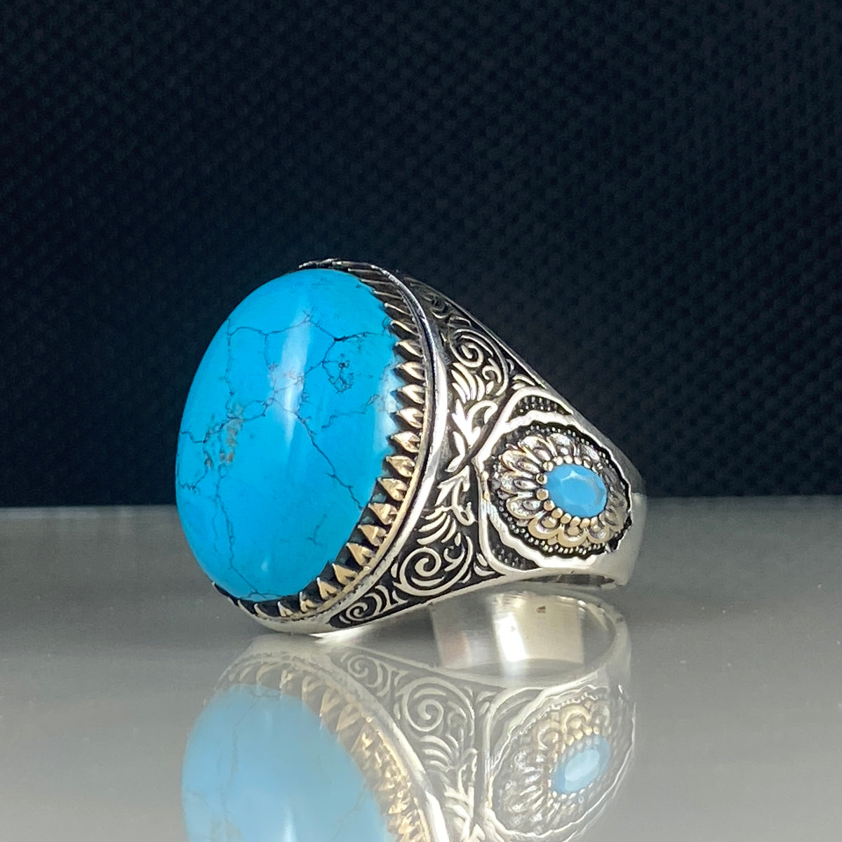 Oval Blue Turquoise Stone 925 Sterling Silver Handmade Men Ring