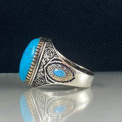 Oval Blue Turquoise Stone 925 Sterling Silver Handmade Men Ring