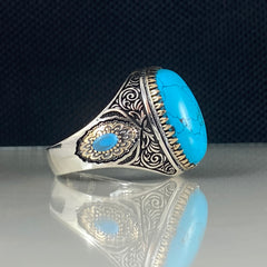 Oval Blue Turquoise Stone 925 Sterling Silver Handmade Men Ring