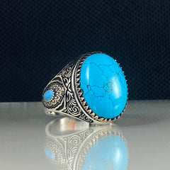 Oval Blue Turquoise Stone 925 Sterling Silver Handmade Men Ring