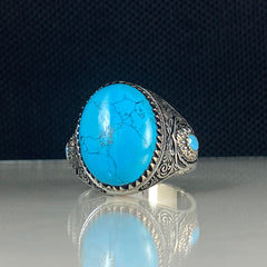 Oval Blue Turquoise Stone 925 Sterling Silver Handmade Men Ring