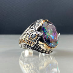 Oval Mystic Topaz Gemstone 925 Solid Silver Men Handmade Ring