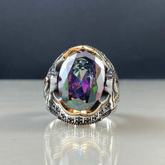 Oval Mystic Topaz Gemstone 925 Solid Silver Men Handmade Ring