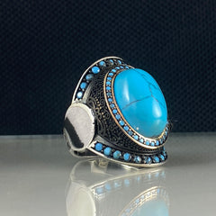 Oval Turquoise Blue Stone 925 Solid Silver Men Handmade Ring