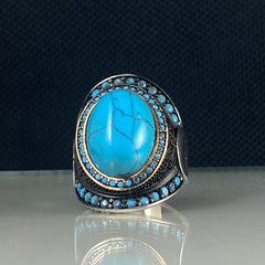 Oval Turquoise Blue Stone 925 Solid Silver Men Handmade Ring