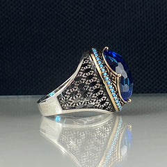 Classic Aquamarine Blue Stone 925 Sterling Silver Men Handmade Ring