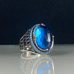 Classic Aquamarine Blue Stone 925 Sterling Silver Men Handmade Ring