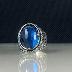 Classic Aquamarine Blue Stone 925 Sterling Silver Men Handmade Ring