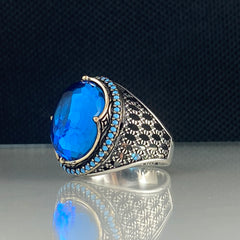 Classic Aquamarine Blue Stone 925 Sterling Silver Men Handmade Ring