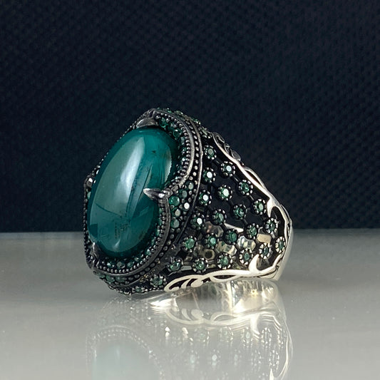 Classic Green Agate Gemstone 925 Sterling Silver Men Ring