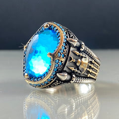 Blue Mosque Aquamarine Islamic Muslim 925 Sterling Silver Men Ring