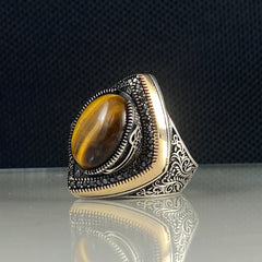 Tiger Eye Brown Stone 925 Sterling Silver Men Handmade Ring