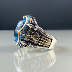 Blue Mosque Aquamarine Islamic Muslim 925 Sterling Silver Men Ring