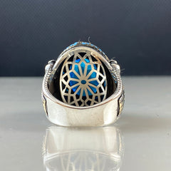 Blue Mosque Aquamarine Islamic Muslim 925 Sterling Silver Men Ring