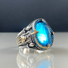 Blue Mosque Aquamarine Islamic Muslim 925 Sterling Silver Men Ring