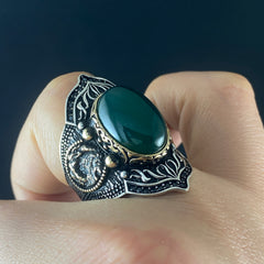 Green Agate Stone 925 Solid Silver Men Archer Thumb Ring