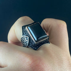 Large Onyx Black Stone 925 Sterling Silver Men Handmade Ring