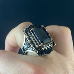 Large Black Stone 925 Sterling Silver Men Handmade Ring