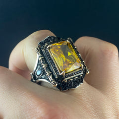 Large Yellow Citrine Stone 925 Sterling Silver Men Handmade Ring