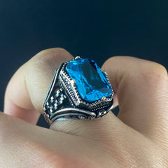 Aquamarine Blue Topaz 925 Sterling Silver Men Handmade Ring