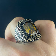 Yellow Citrine Stone 925 Solid Silver Men Handmade Ring