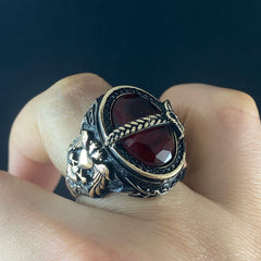 Double Head Eagle Red Ruby Stone 925 Sterling Silver Men Ring