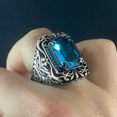 Blue Aquamarine Stone 925 Solid Silver Men Ring