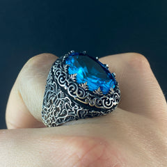 Aquamarine Blue Stone 925 Sterling Silver Men Ring