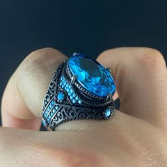 Aquamarine Blue Stone 925 Sterling Silver Men Ring