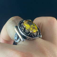 Oval Yellow Citrine Stone 925 Sterling Silver Men Handmade Ring