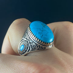 Oval Blue Turquoise Stone 925 Sterling Silver Handmade Men Ring