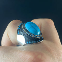 Oval Turquoise Blue Stone 925 Solid Silver Men Handmade Ring