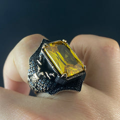 Yellow Citrine Stone 925 Sterling Silver Men Handmade Ring