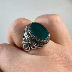 Green Agate Gemstone 925 Sterling Silver Men Ring